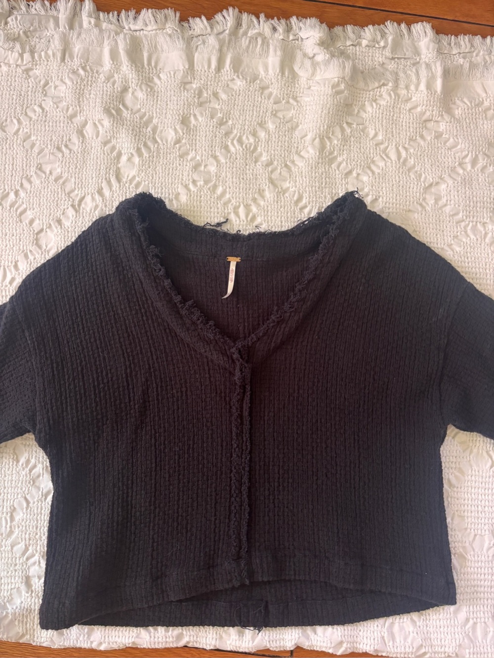 Free People Black Cropped Textured V-Neck sweater Top